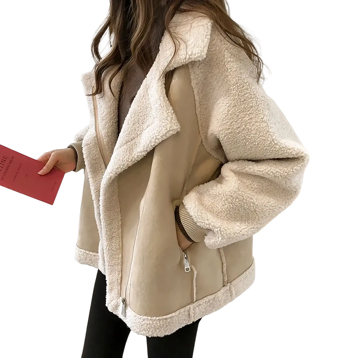 Cream-colored fleece suede shearling jacket for women with plush lining and beige outer shell