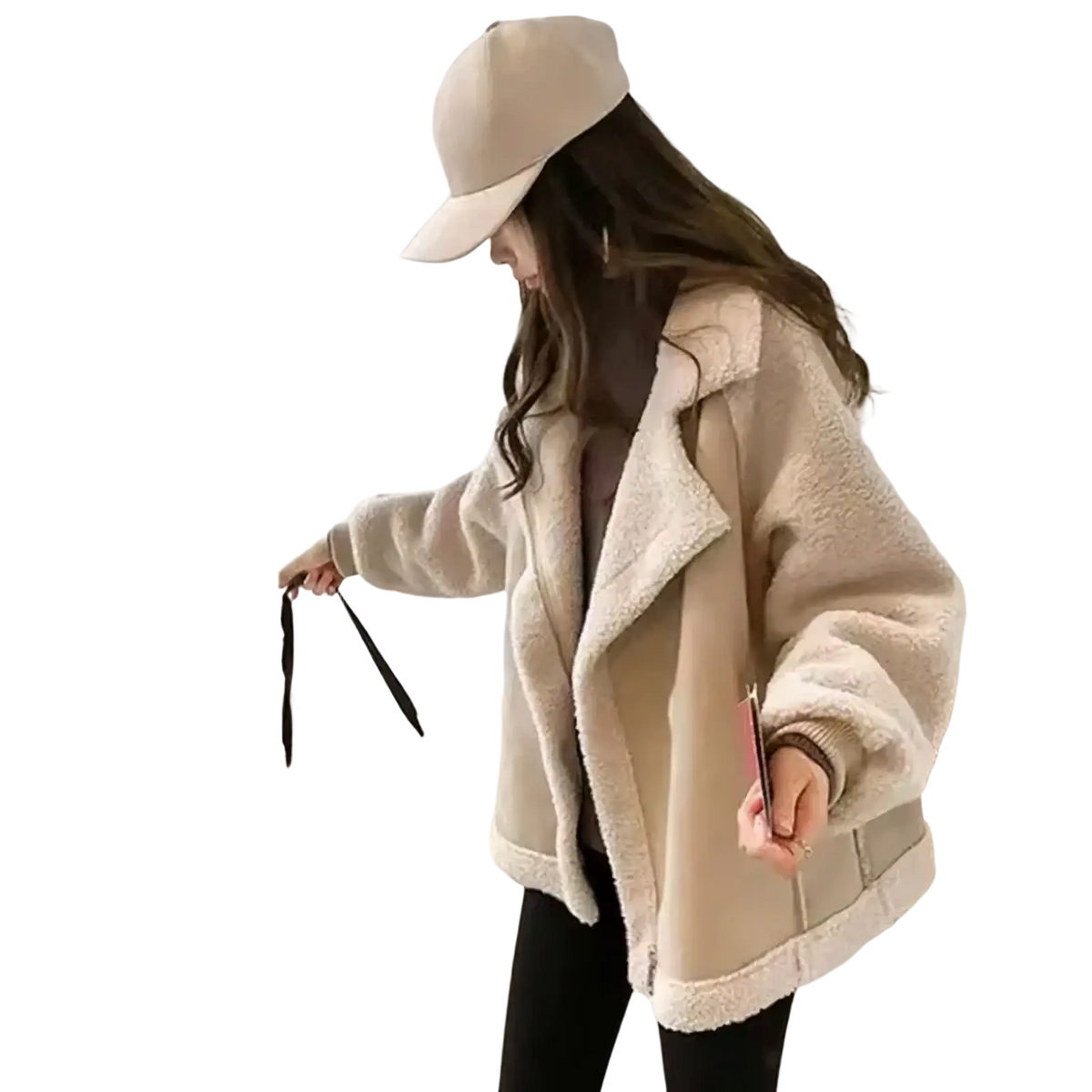 Cream-colored fleece suede shearling jacket for women with soft plush shearling and contrasting beige outer shell