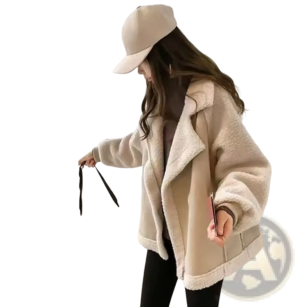 Cream-colored fleece suede shearling jacket for women with soft plush shearling and contrasting beige outer shell