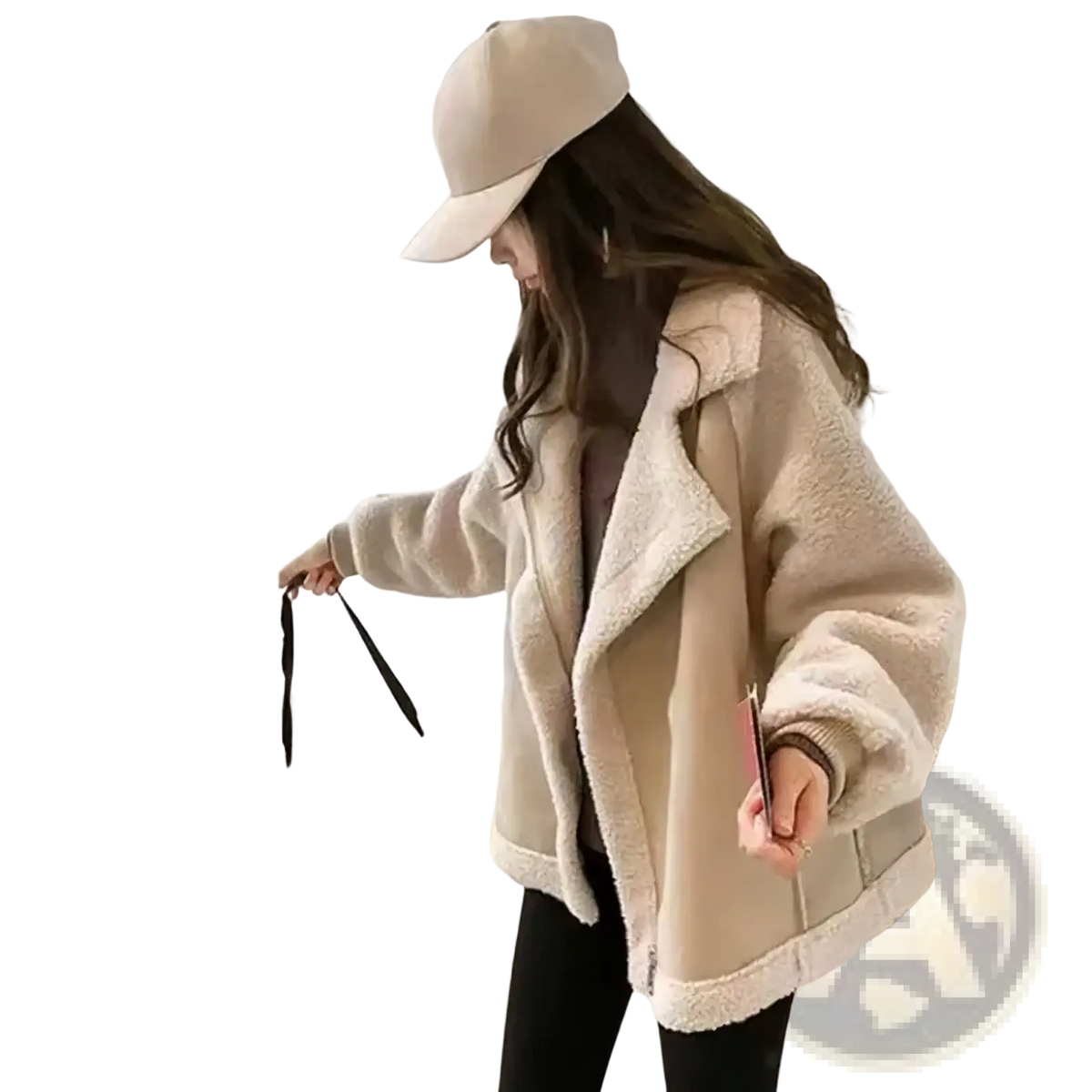Cream-colored fleece suede shearling jacket for women with soft plush shearling and contrasting beige outer shell