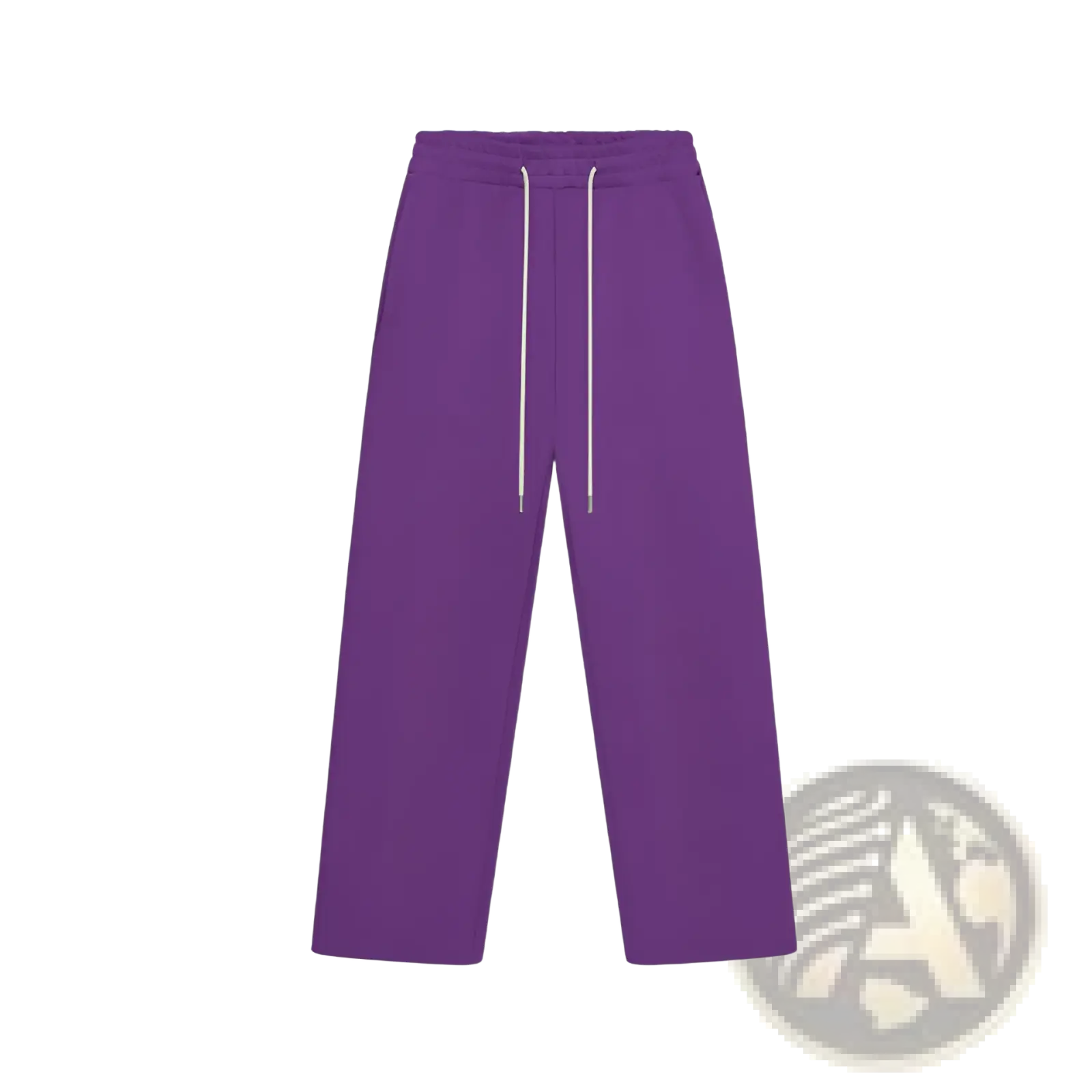 Purple fleece sweatpants unisex with wide-leg cut and white drawstrings featuring an elastic waist jogger style