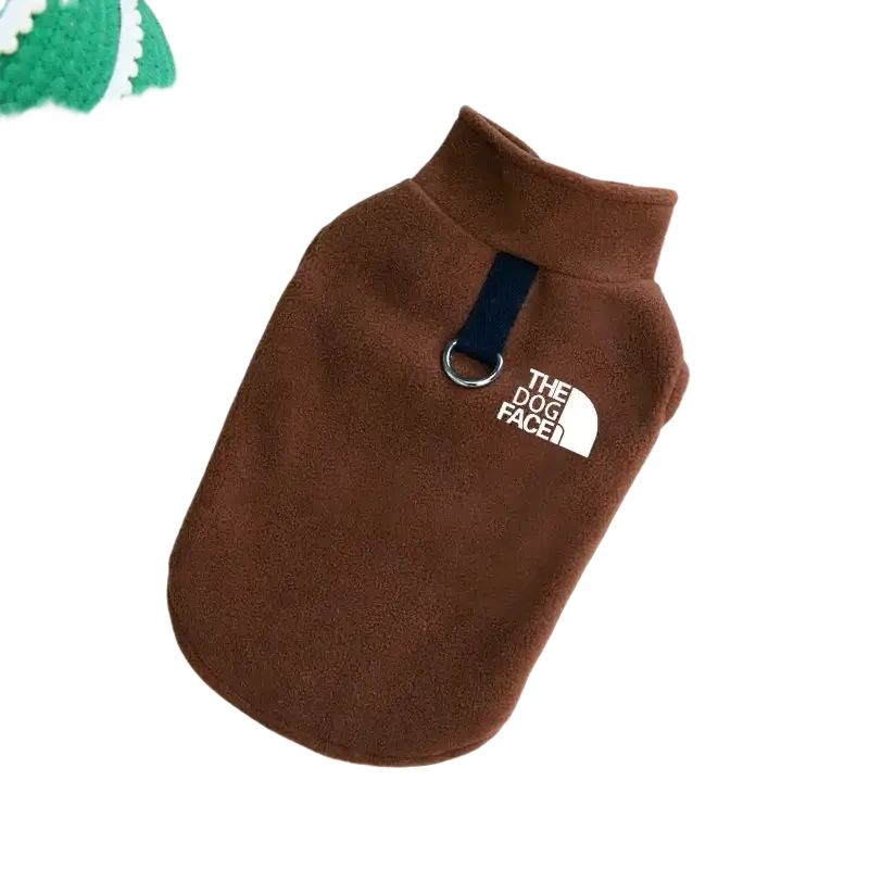 Brown fleece warm dog vest for small to medium dogs with black strap silver ring and the dog face logo in white