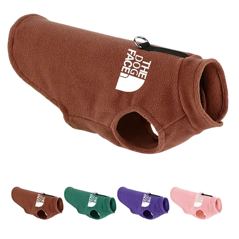Brown fleece dog vest with white The North Face logo and black zipper for small to medium dogs
