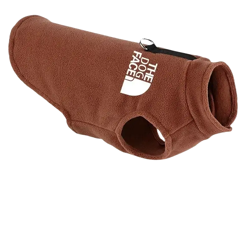 Brown fleece warm dog vest for small to medium dogs with white The North Face logo and black zipper pull