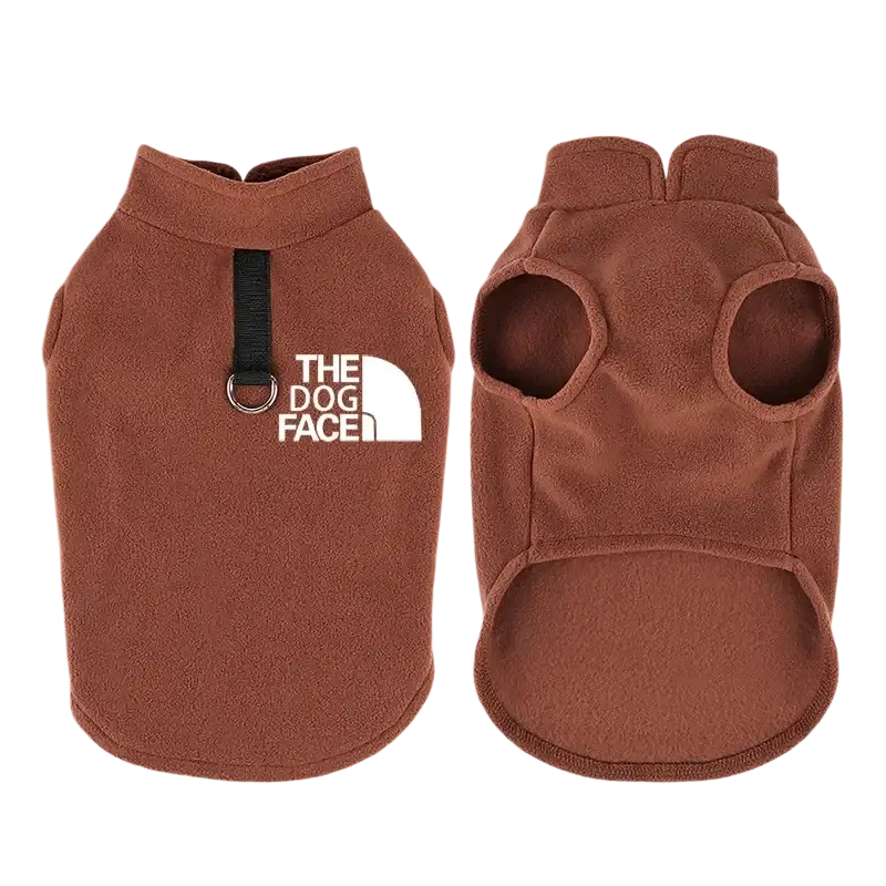 Brown fleece warm dog vest for small to medium dogs with white the north face logo and black strap detail shown from back