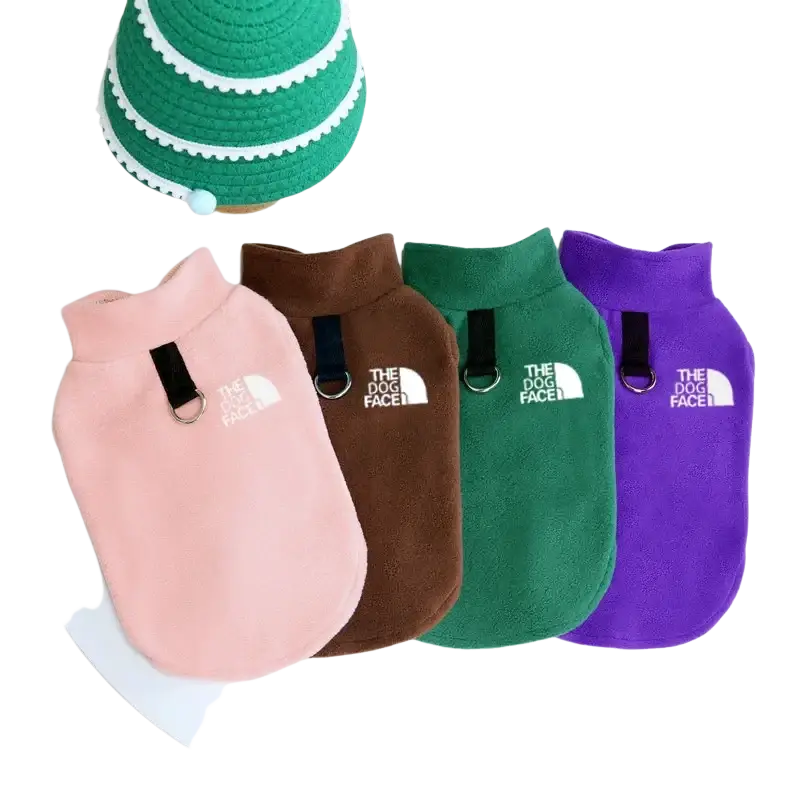 Four fleece warm dog vests for small to medium dogs in pink brown green and purple with black strap and metal ring