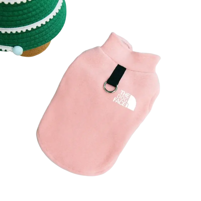 Pink fleece warm dog vest for small to medium dogs with black strap silver ring and white the dog face logo