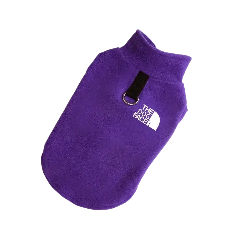 Purple fleece warm dog vest for small to medium dogs with white the dog face logo and black adjustable strap back view