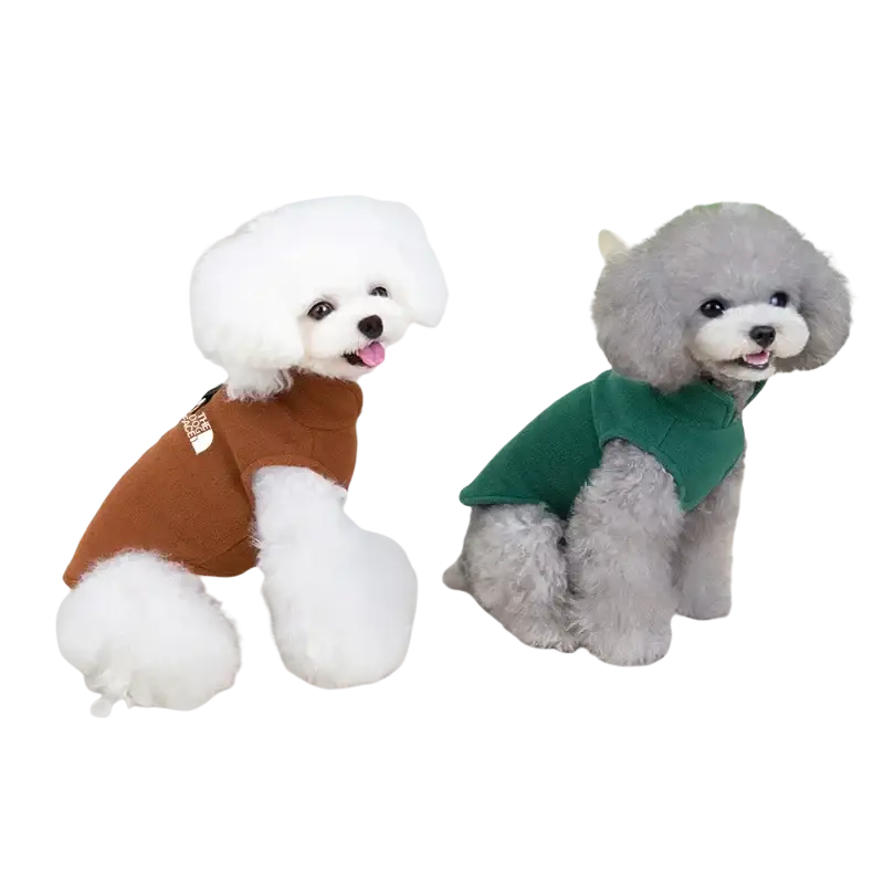White and gray poodles wearing fleece warm dog vests in brown and green made of soft fabric for small to medium dogs