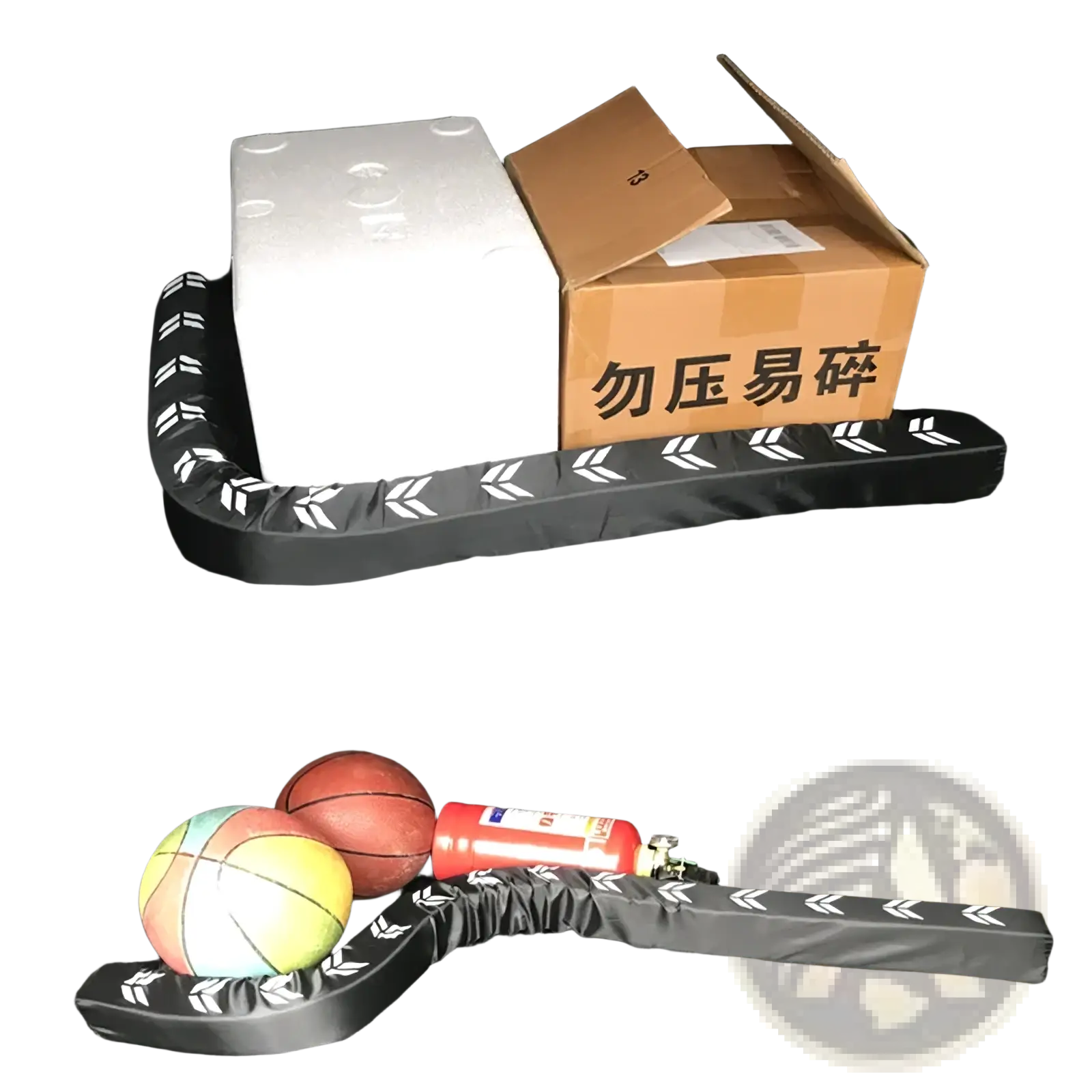 Flexible car trunk organizer and storage stick with black vinyl cover and white arrow patterns for vehicle use