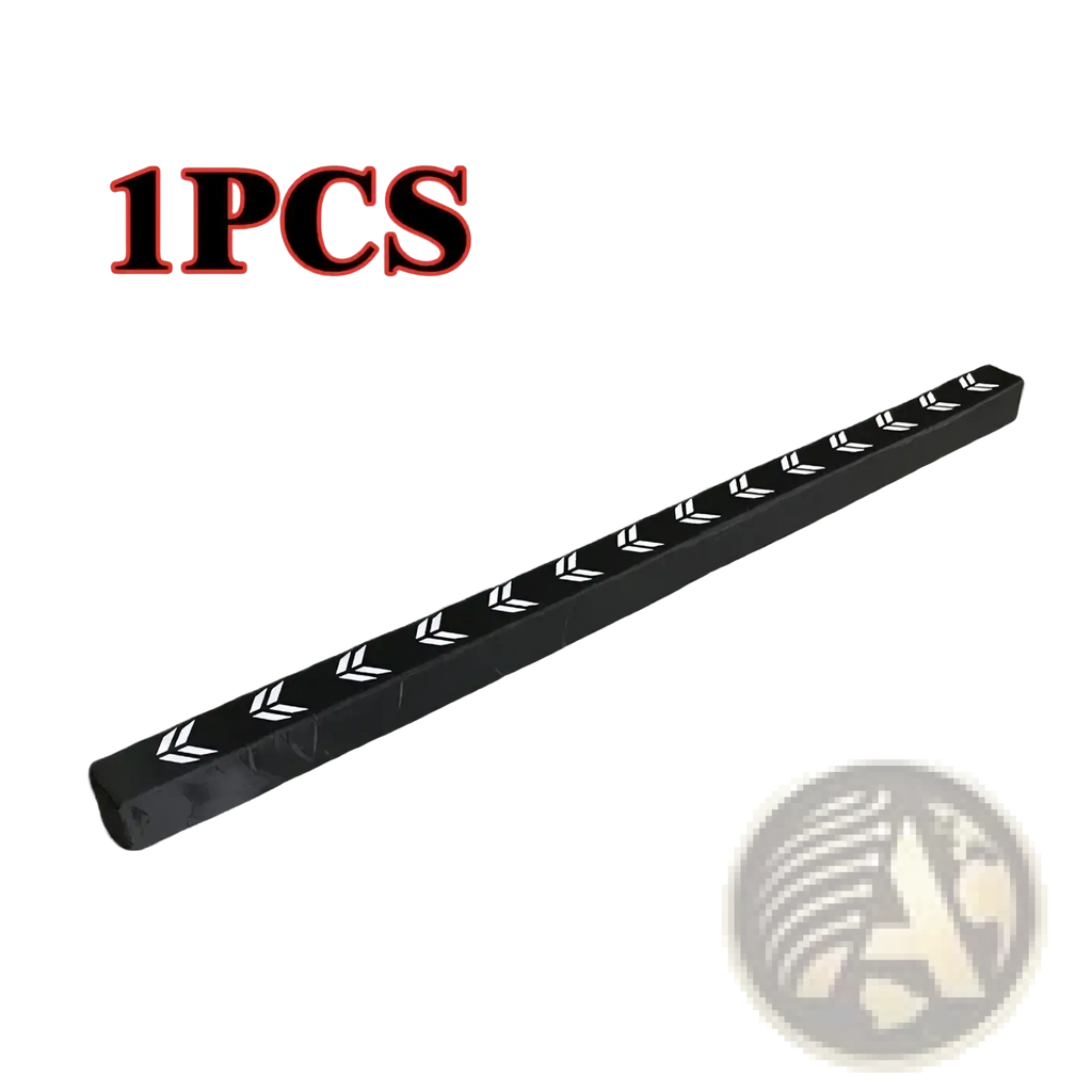 Black plastic car parking barrier with white chevron arrows featured in flexible car trunk organizer and storage stick
