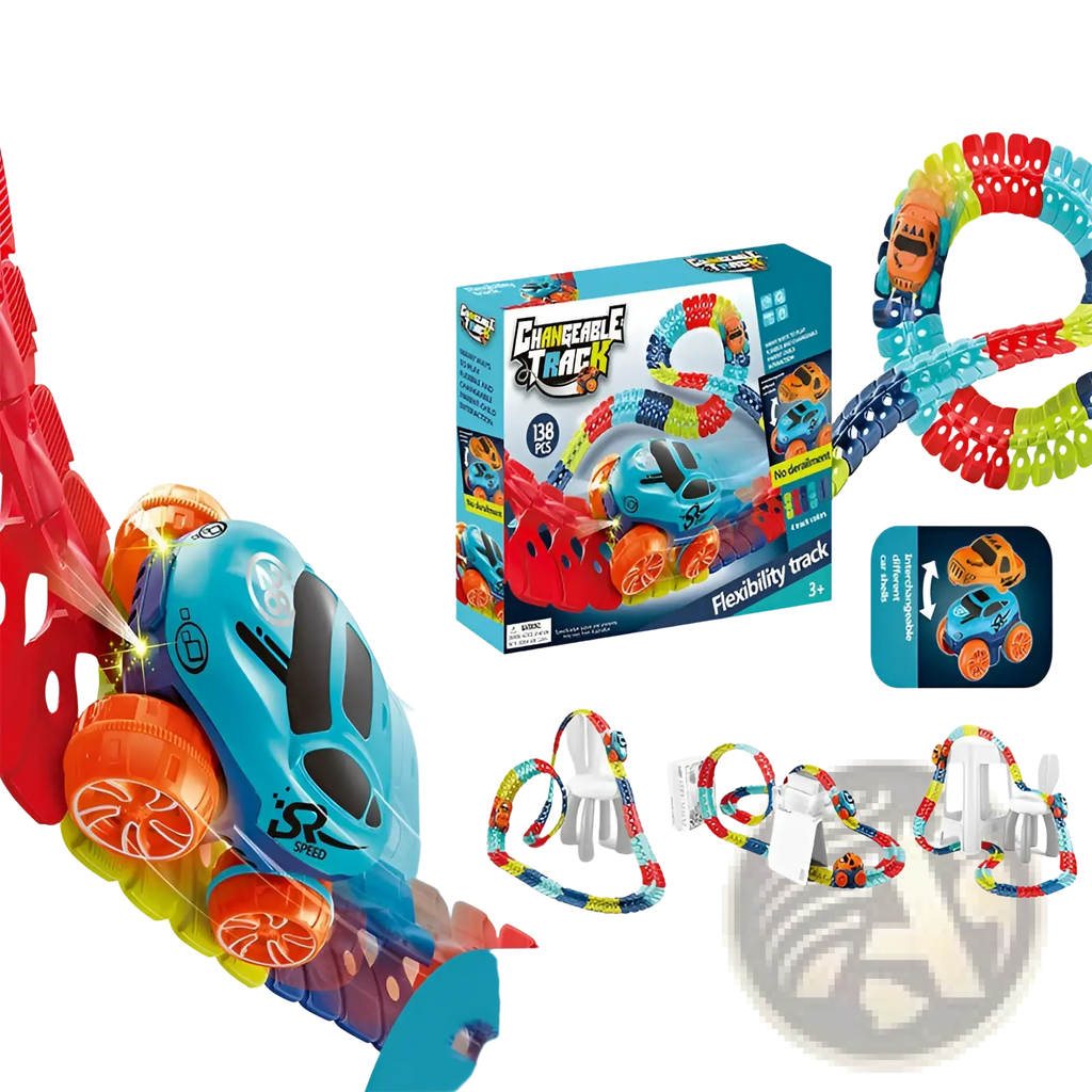Blue and orange toy race car with black accents speeding on a colorful flexible electric race car track set
