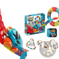 Blue and orange toy race car with black accents speeding on a colorful flexible electric race car track set