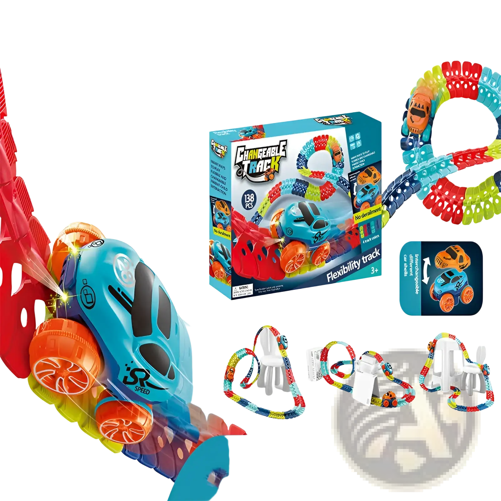 Blue and orange toy race car with black accents speeding on a colorful flexible electric race car track set