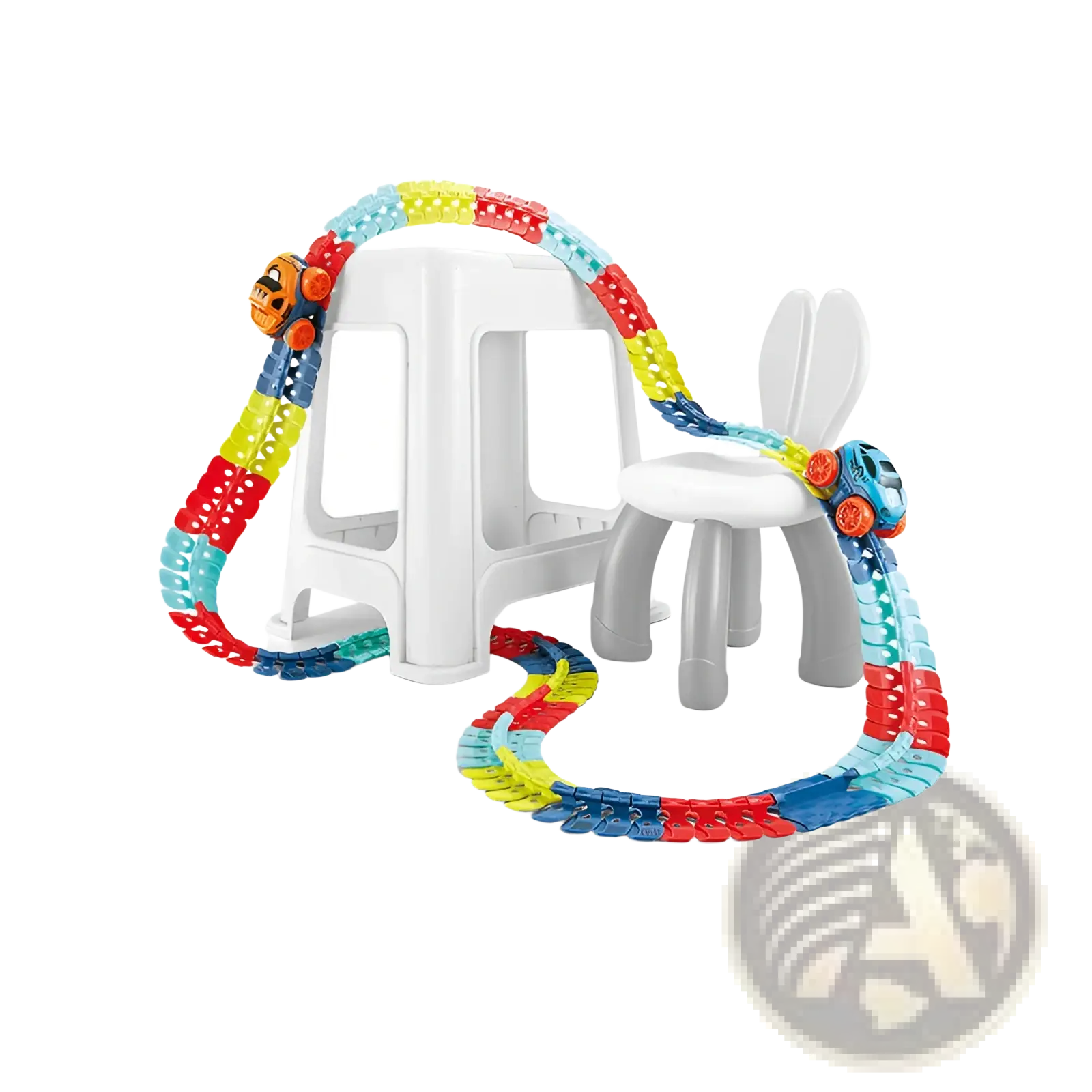 Flexible electric race car track set featuring colorful red blue yellow and green interlocking plastic segments forming a loop
