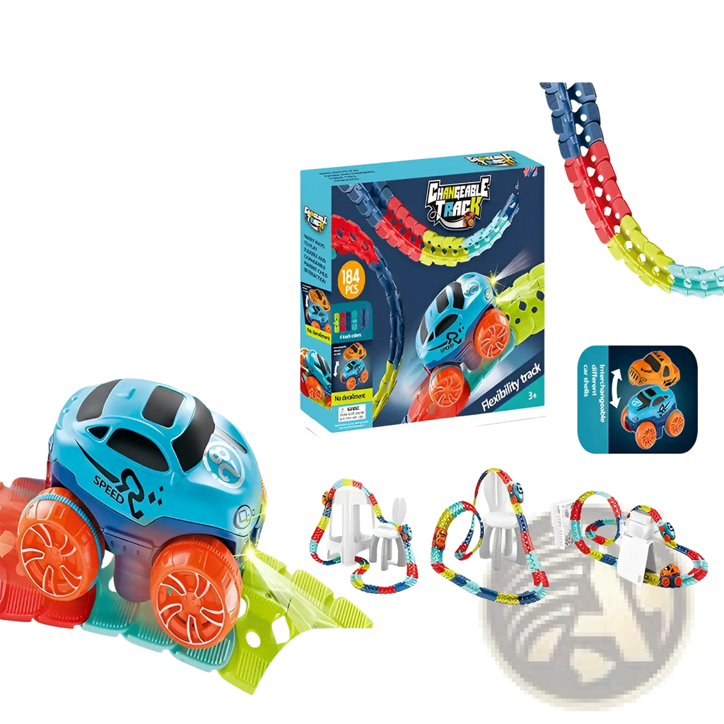 Blue and orange flexible electric race car with black windows and red wheels on a colorful flexible track set