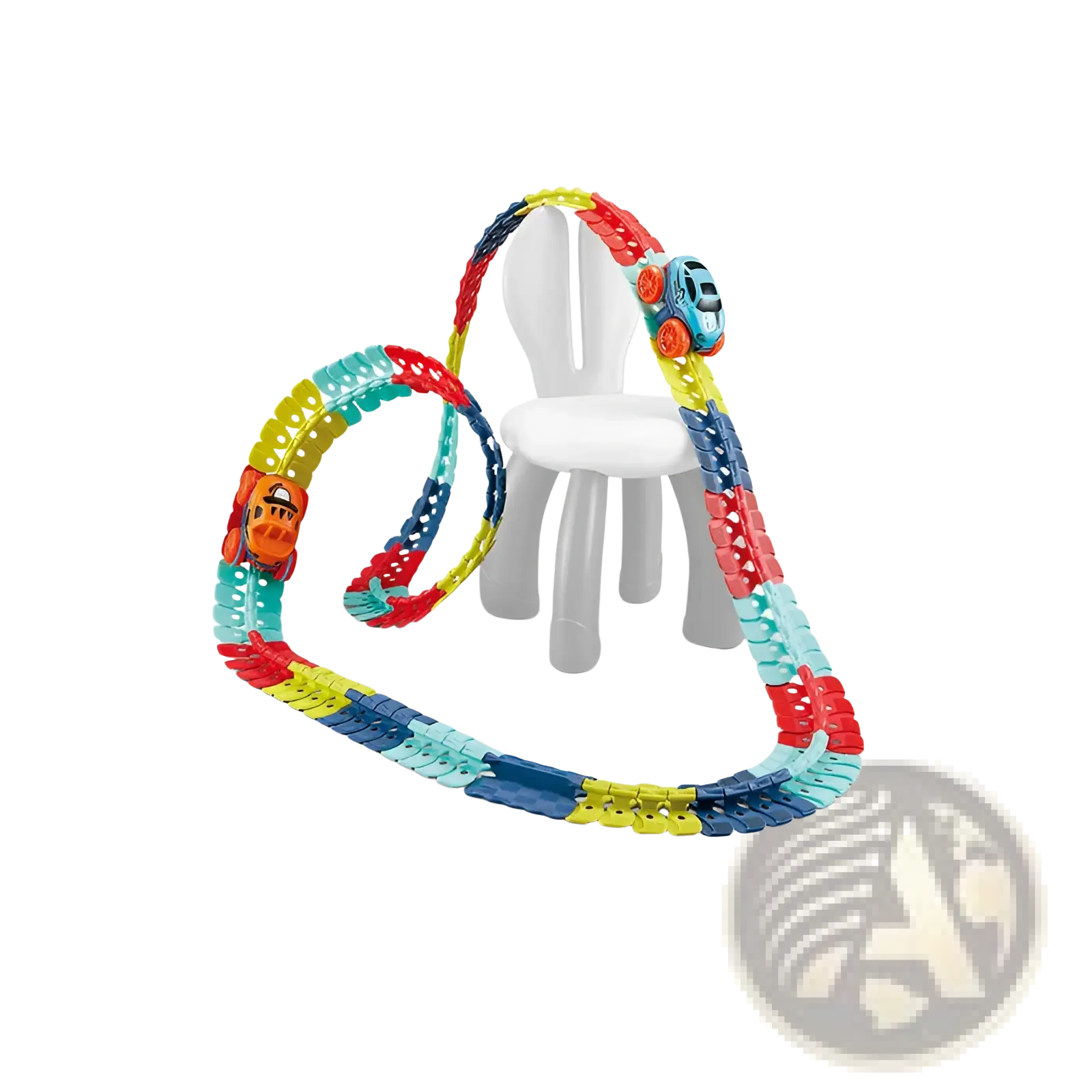Colorful flexible electric race car track set made of plastic with multiple toy cars for interactive play