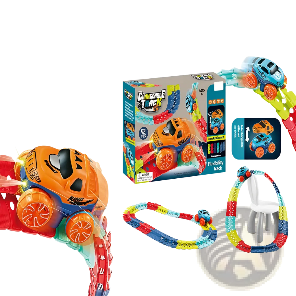 Flexible electric race car track set featuring an orange and blue plastic toy car with red wheels on a colorful track