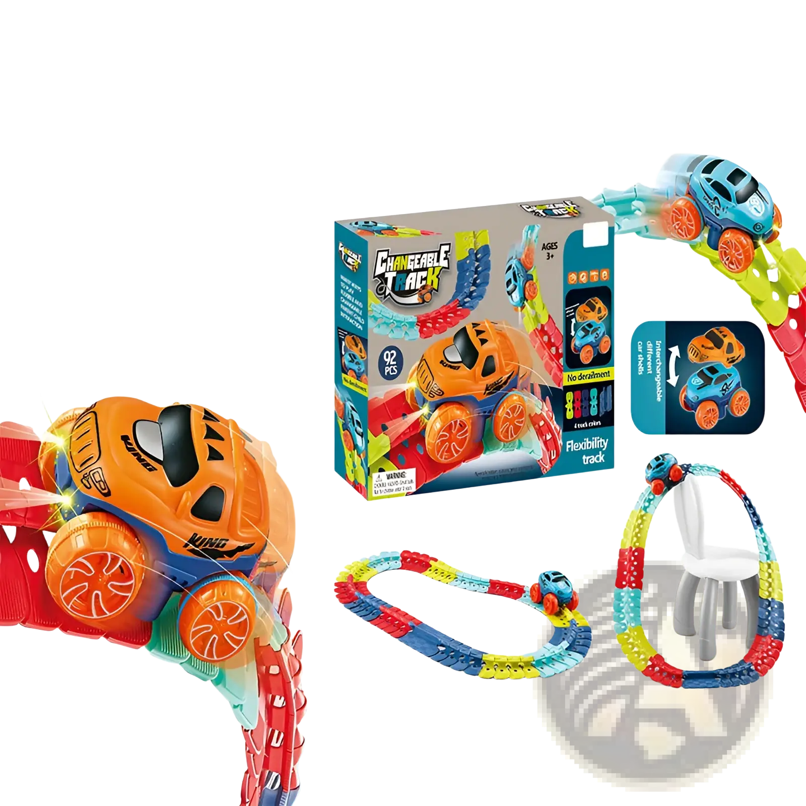 Flexible electric race car track set featuring an orange and blue plastic toy car with red wheels on a colorful track