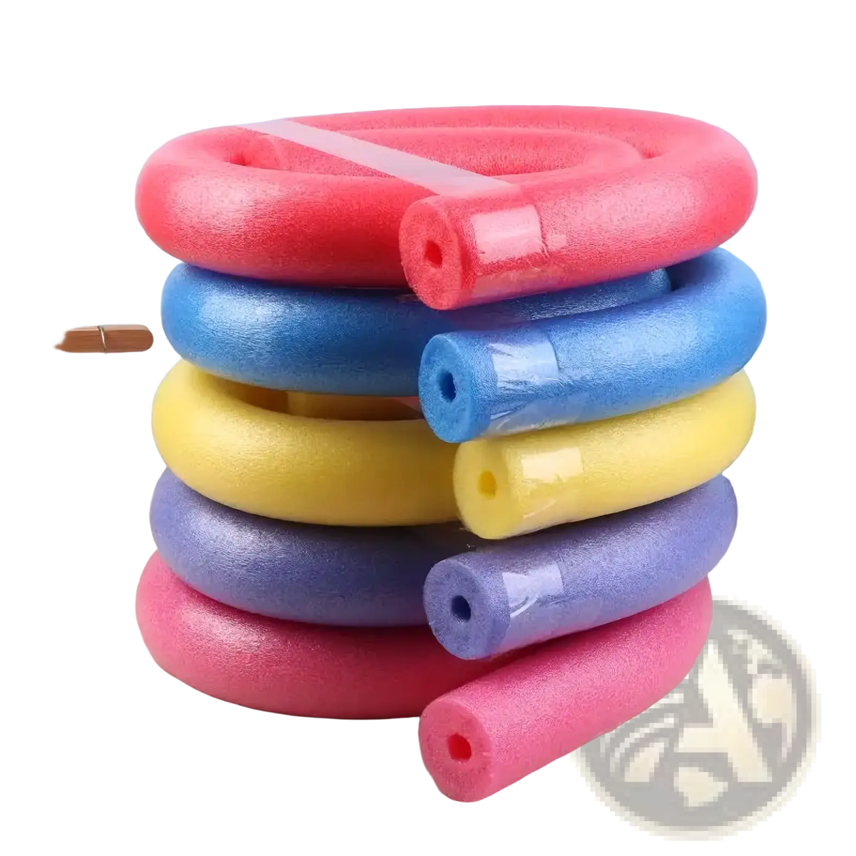 Stack of colorful flexible foam swimming pool noodle float aids in red blue yellow purple and pink for swimming support