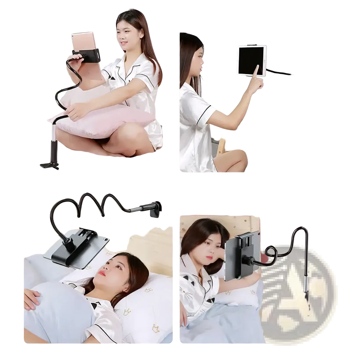 Black flexible arm tablet stand with adjustable clamp and suction cup base for bed mount use