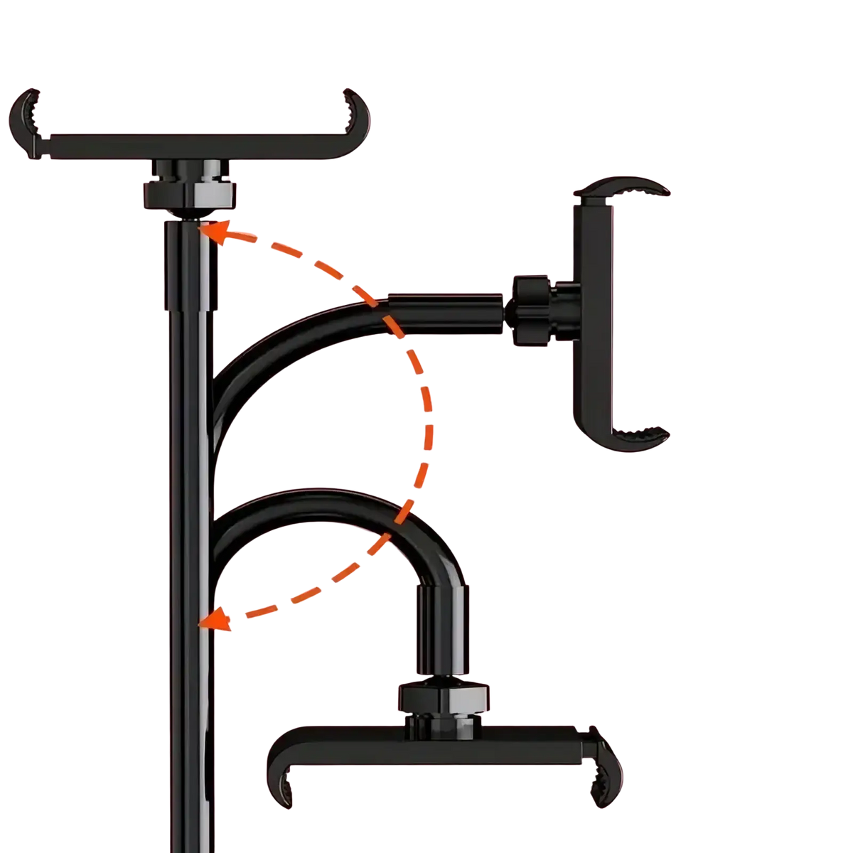 Black flexible long arm tablet stand with adjustable arms and clamp holders for bed mount use