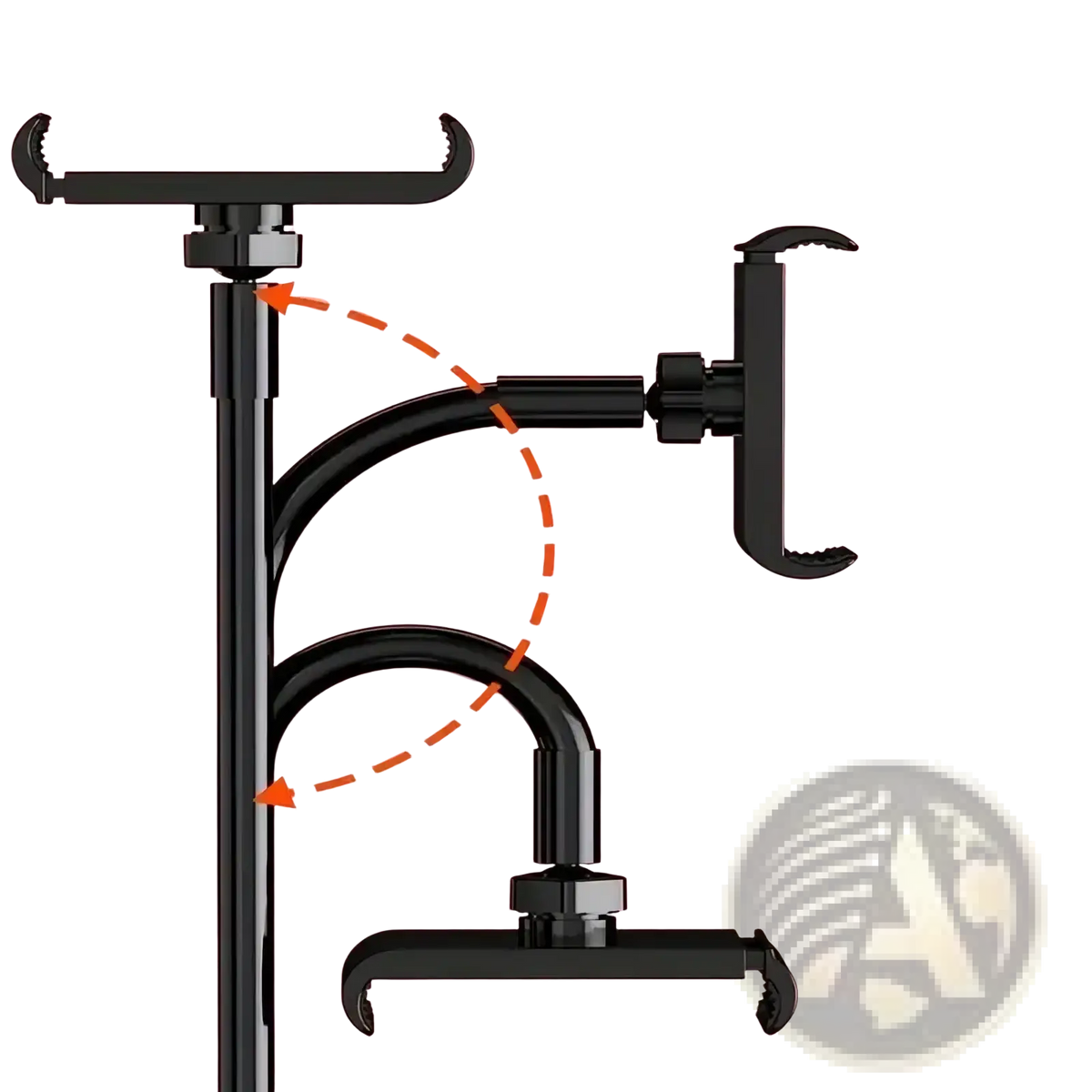 Black flexible long arm tablet stand with adjustable arms and clamp holders for bed mount use