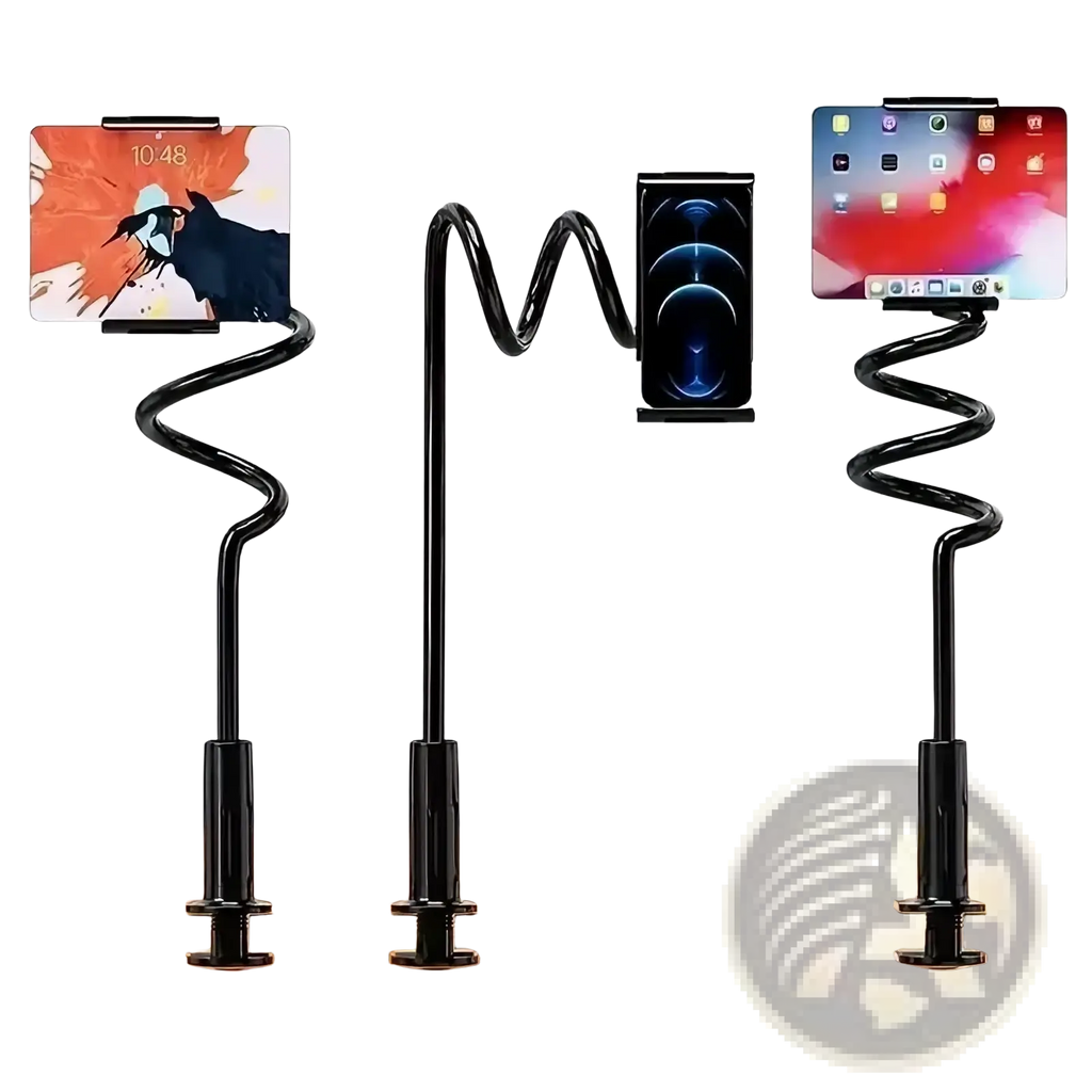 Black extra-long spiral phone stand with flexible arm and adjustable clamp base for tablets and smartphones bed mounting
