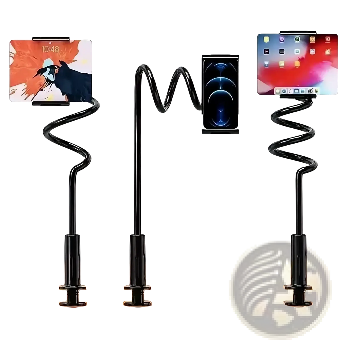 Black extra-long spiral phone stand with flexible arm and adjustable clamp base for tablets and smartphones bed mounting