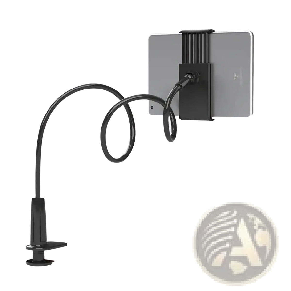 Black flexible long arm tablet stand with adjustable clamp and grip for bed mount use in durable material