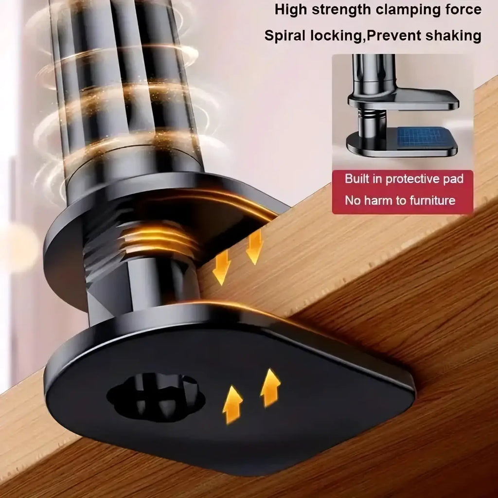 Black metal clamp with spiral locking mechanism and protective pad for flexible long arm tablet stand bed mount