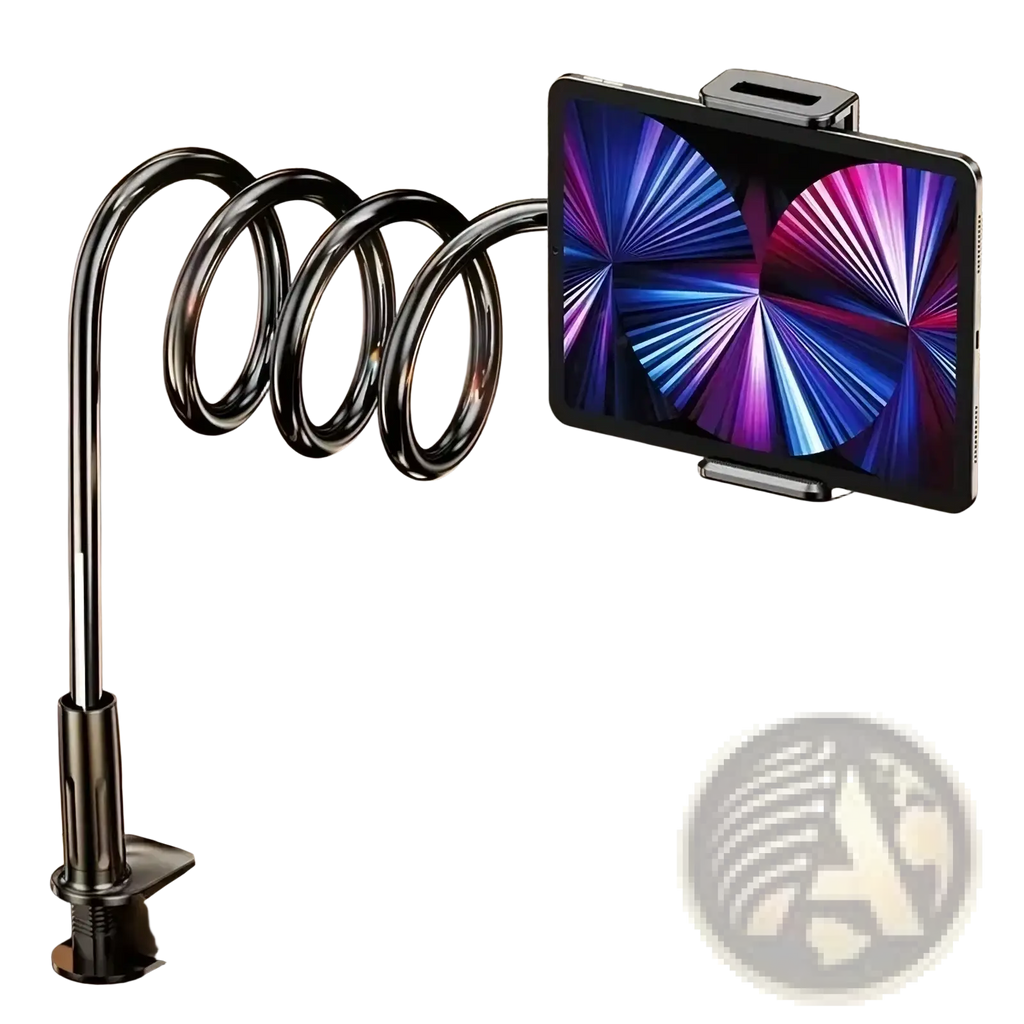 Black metal spiral tablet stand with adjustable clamp and curved arm holding a tablet flexible long arm bed mount clamp