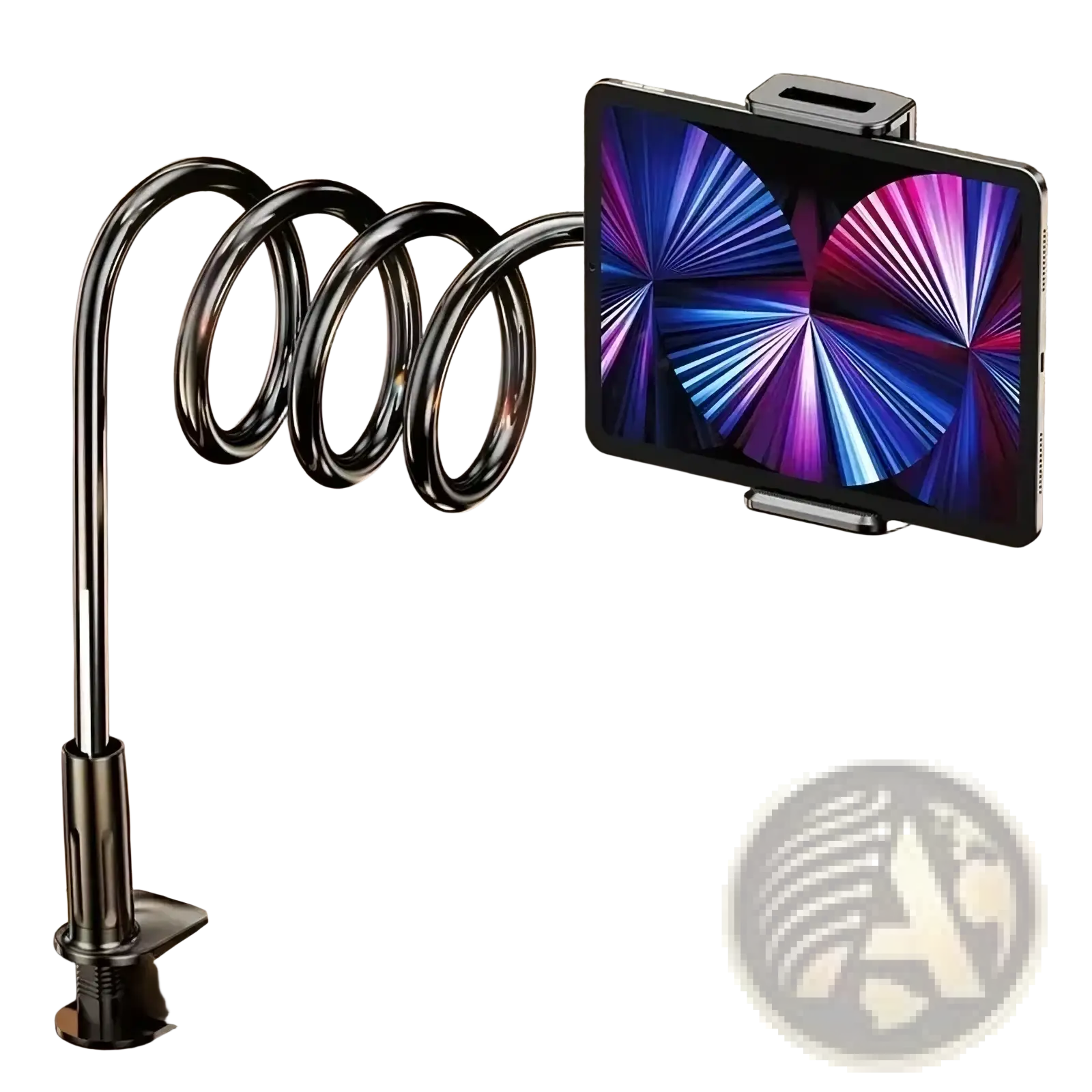 Black metal spiral tablet stand with adjustable clamp and curved arm holding a tablet flexible long arm bed mount clamp