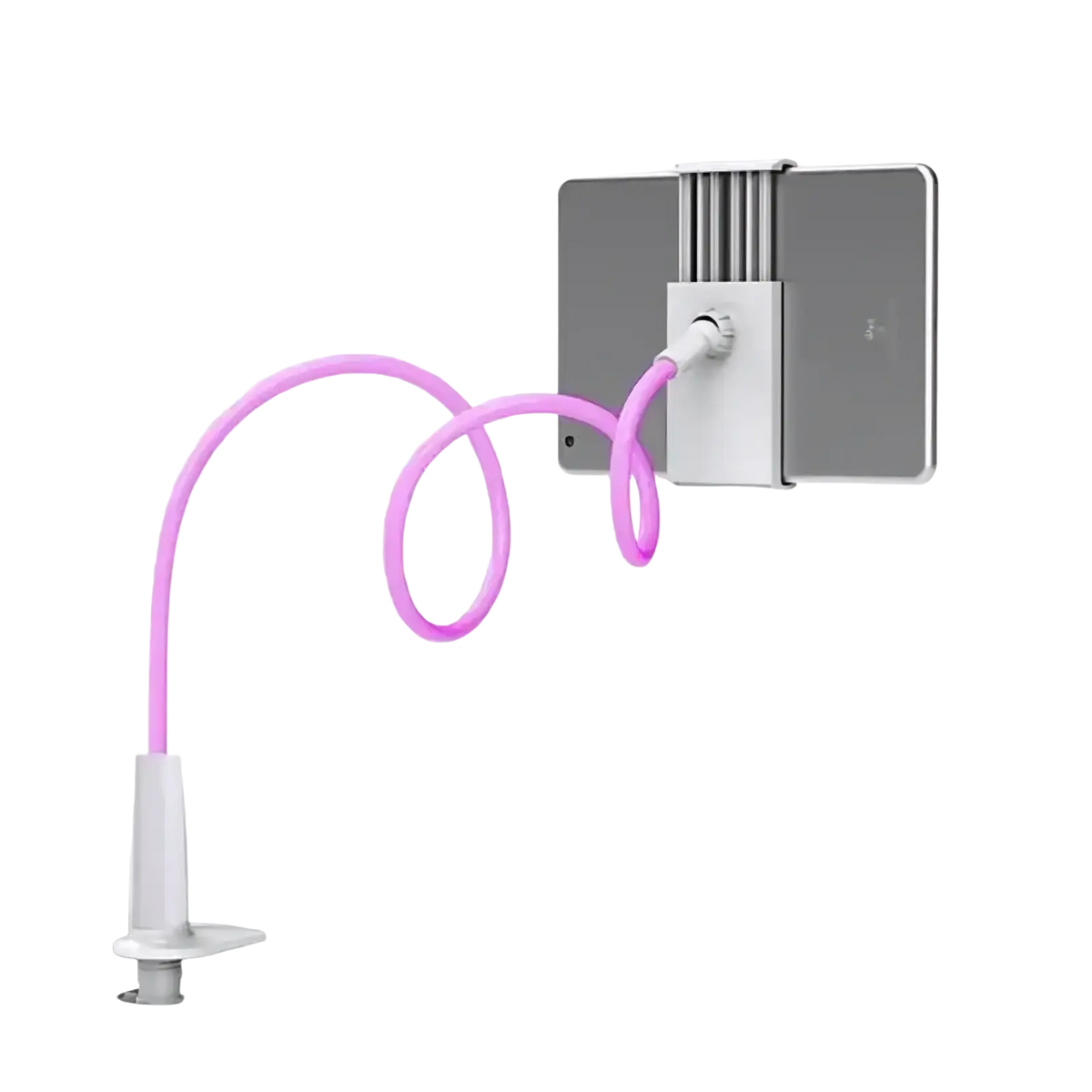 Pink flexible silicone arm tablet stand with white plastic clamp and adjustable holder for bed mount use