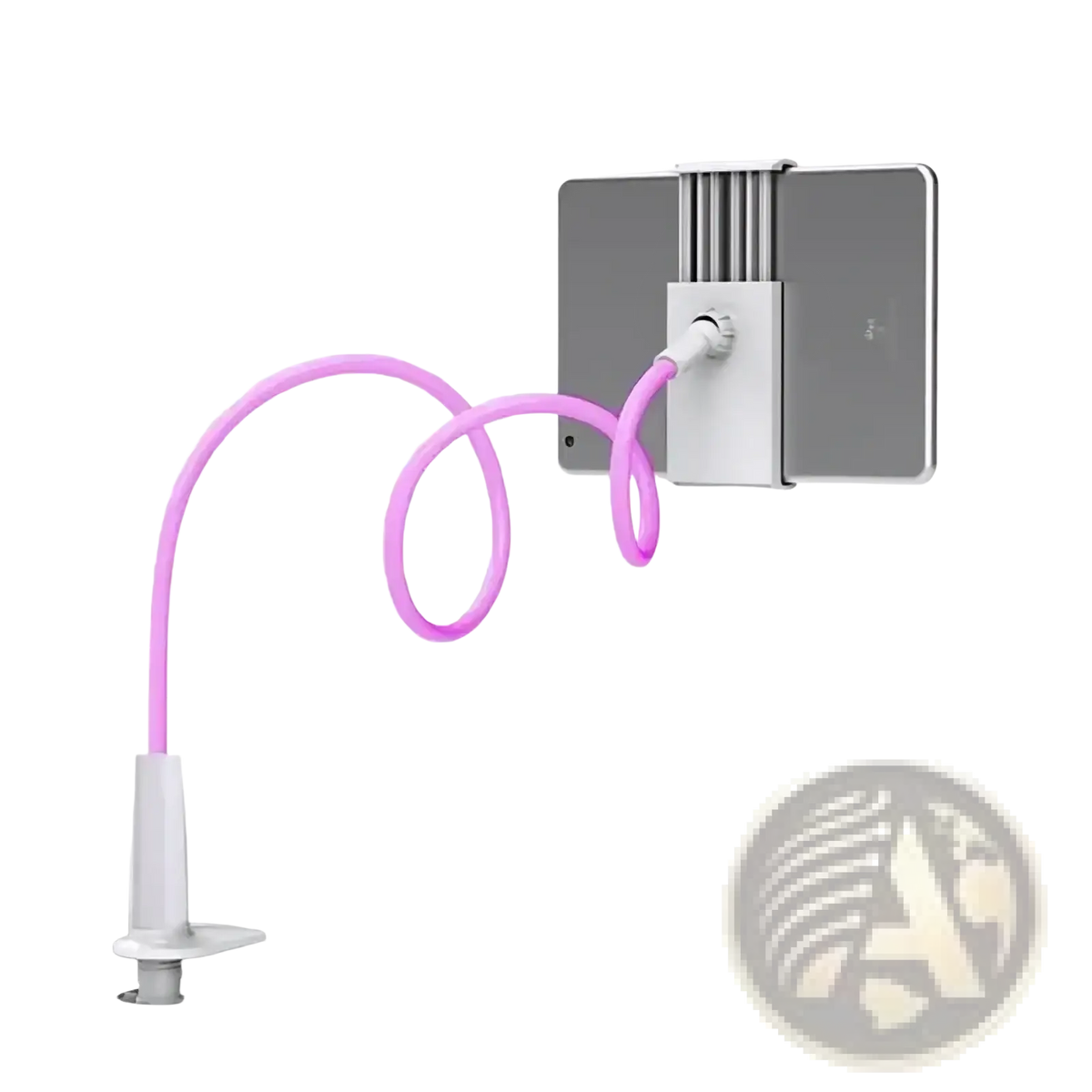 Pink flexible silicone arm tablet stand with white plastic clamp and adjustable holder for bed mount use