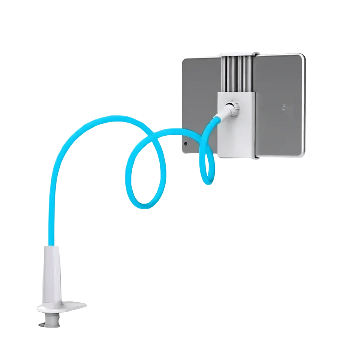 A sleek white and bright blue flexible long arm tablet stand with clamp base designed for secure device positioning