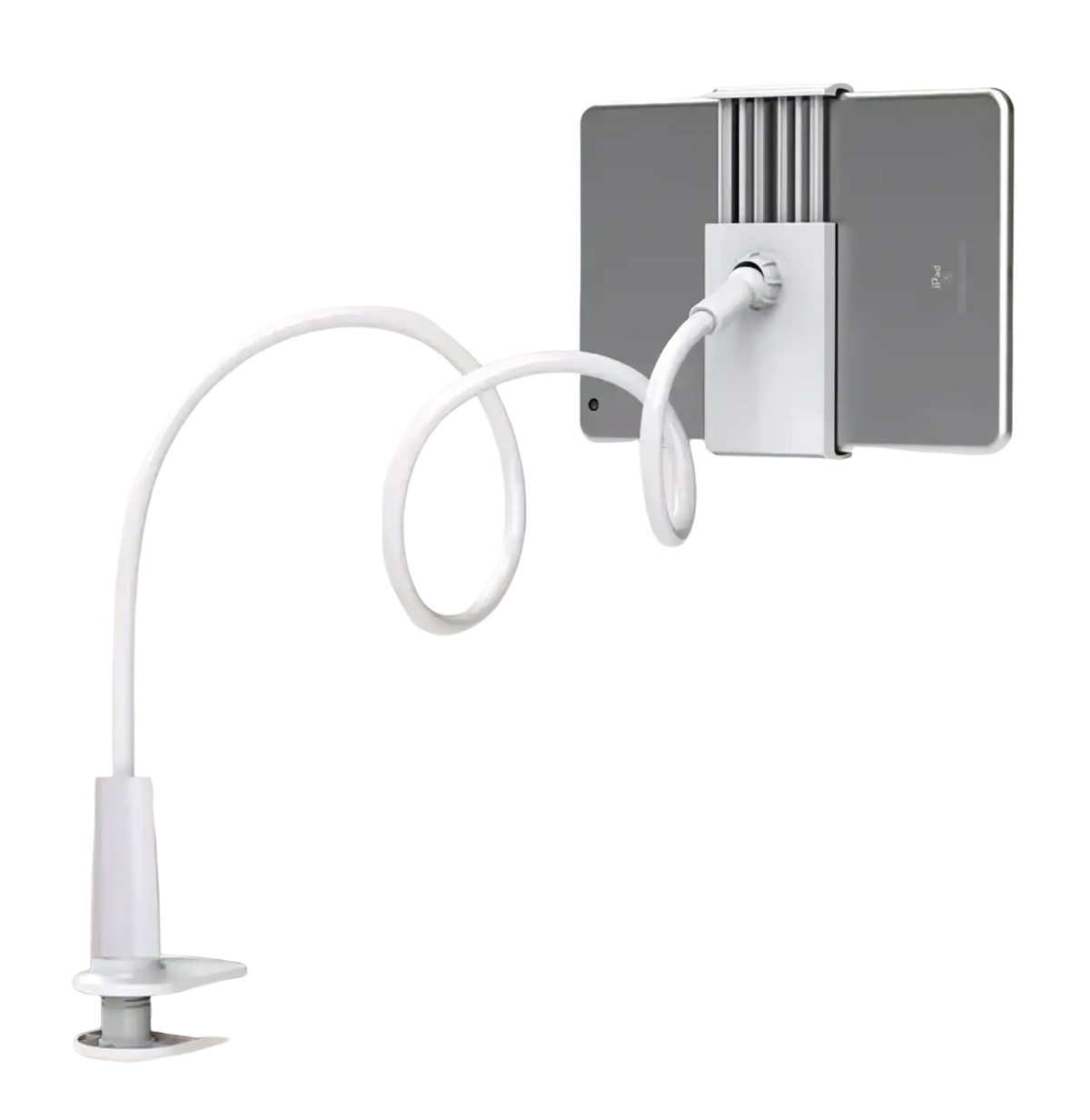 White flexible long arm tablet stand with adjustable clamp and vertical support for bed mount use