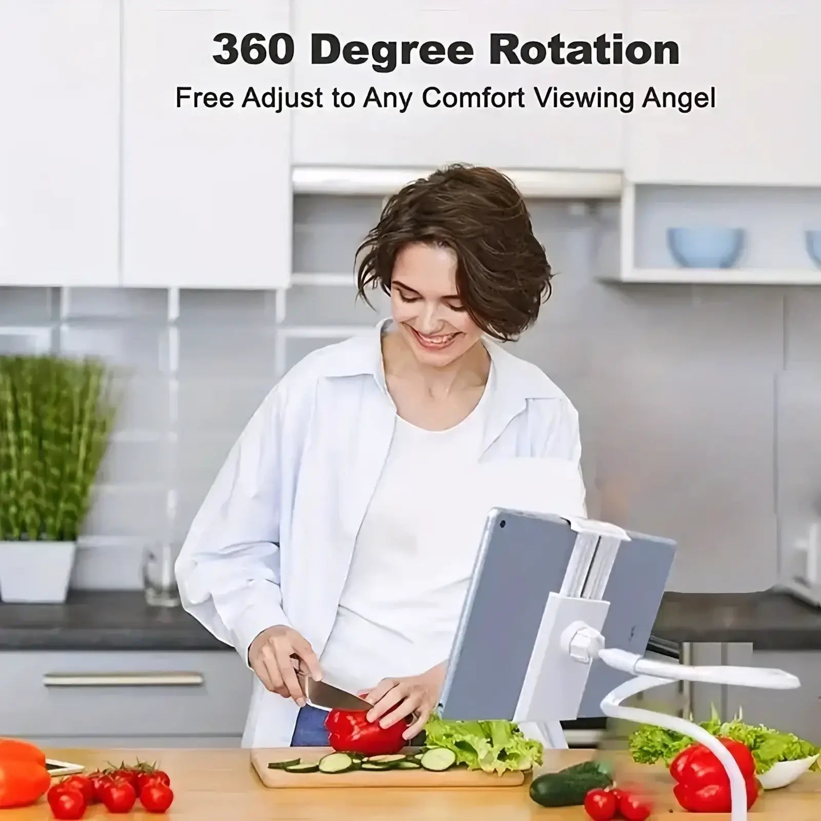 White adjustable tablet stand with flexible long arms and 360-degree rotation for optimal viewing angles and bed mount clamp