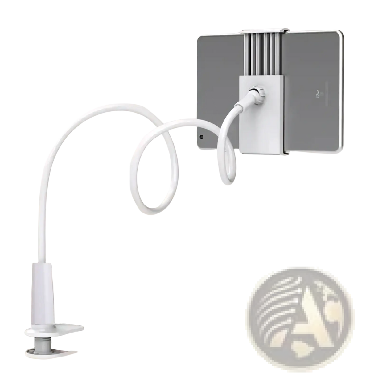 White flexible long arm tablet stand with adjustable clamp and vertical support for bed mount use