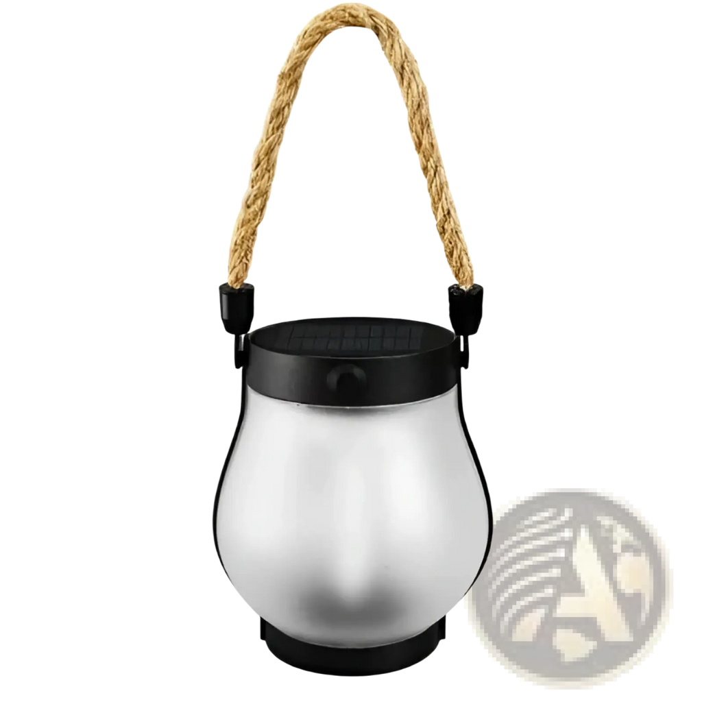 Silver flickering flame garden lamp with black solar panel top and natural fiber rope handle for outdoor use