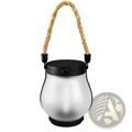 Silver flickering flame garden lamp with black solar panel top and natural fiber rope handle for outdoor use