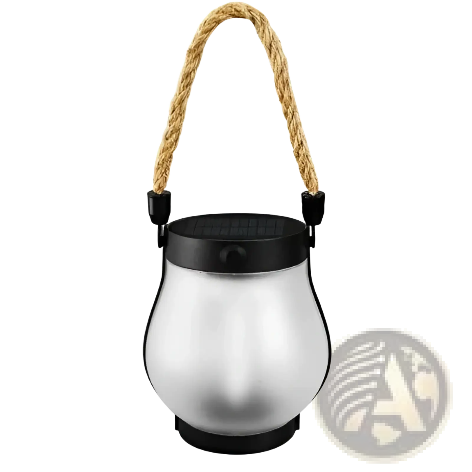 Silver flickering flame garden lamp with black solar panel top and natural fiber rope handle for outdoor use