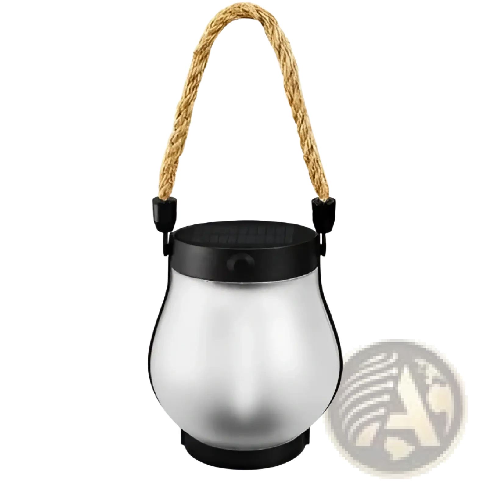 Silver flickering flame garden solar lantern with black base lid and natural fiber rope handle for outdoor use