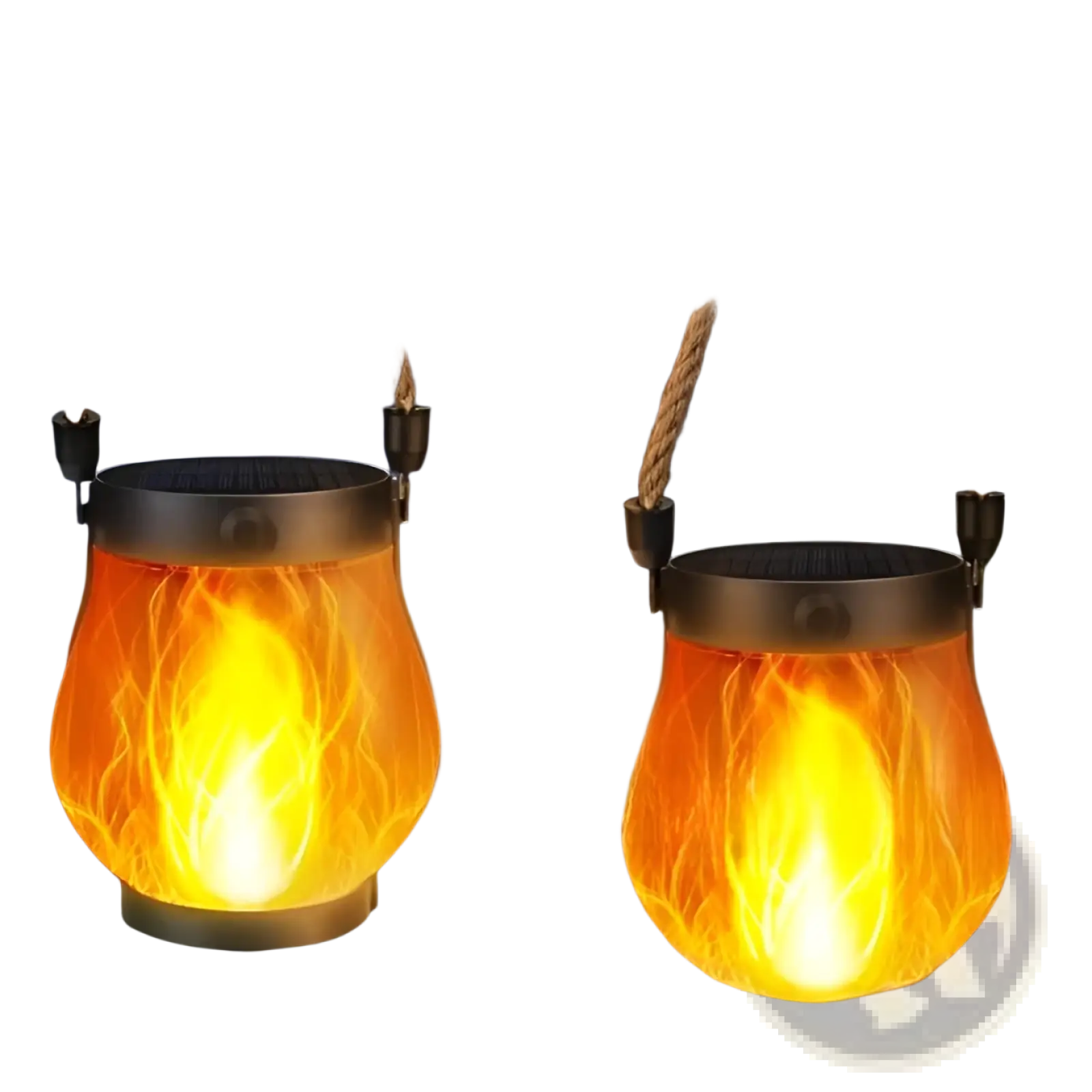 Two hanging flickering flame garden lamps silver solar lanterns with glowing orange flame effect and black metal tops