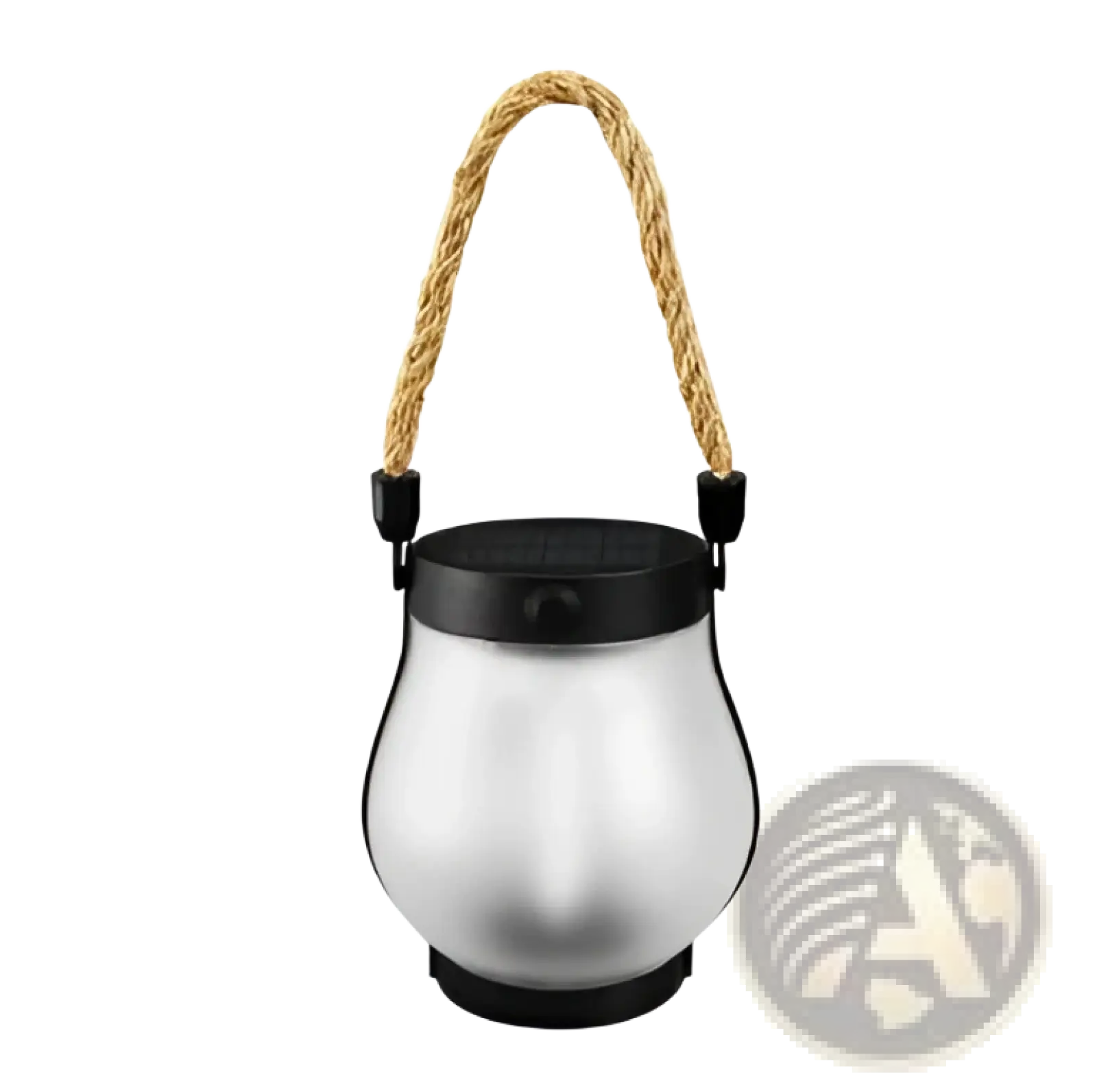 Silver solar lantern garden lamp with flickering flame effect black accents and braided rope handle