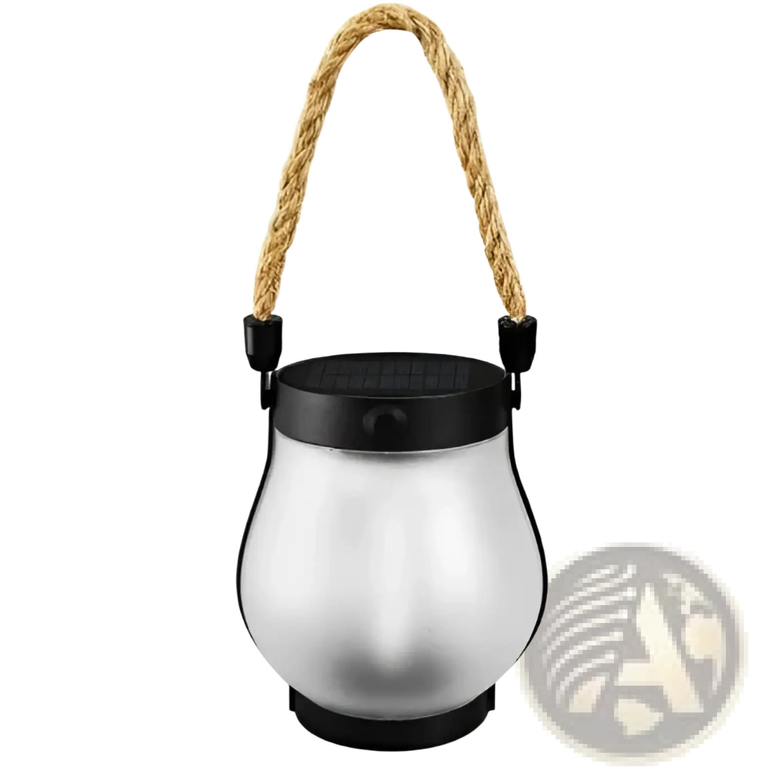 Silver flickering flame garden lamp solar lantern with black panel and natural fiber rope handle
