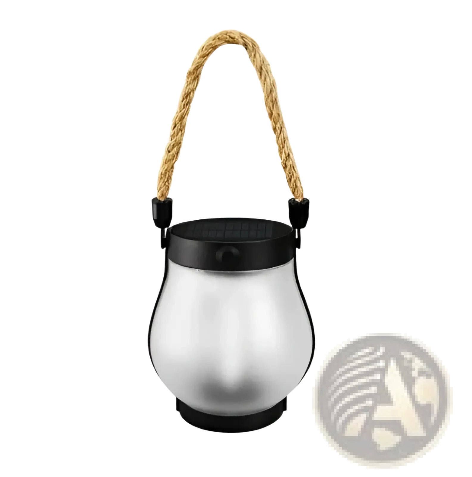 Silver flickering flame garden lamp solar lantern with black panel base and natural fiber rope handle
