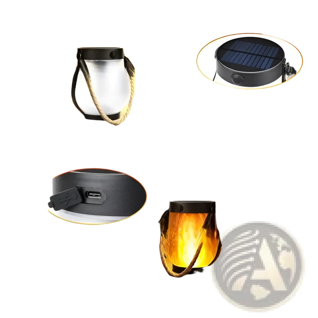 A sleek silver solar lantern with a cylindrical design and rope handle featuring a flickering flame garden lamp effect