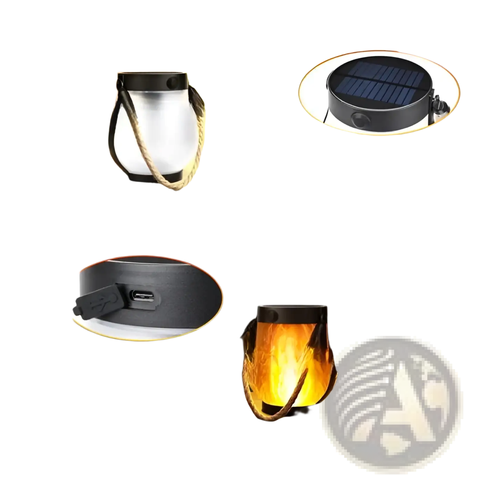 A sleek silver solar lantern with a cylindrical design and rope handle featuring a flickering flame garden lamp effect