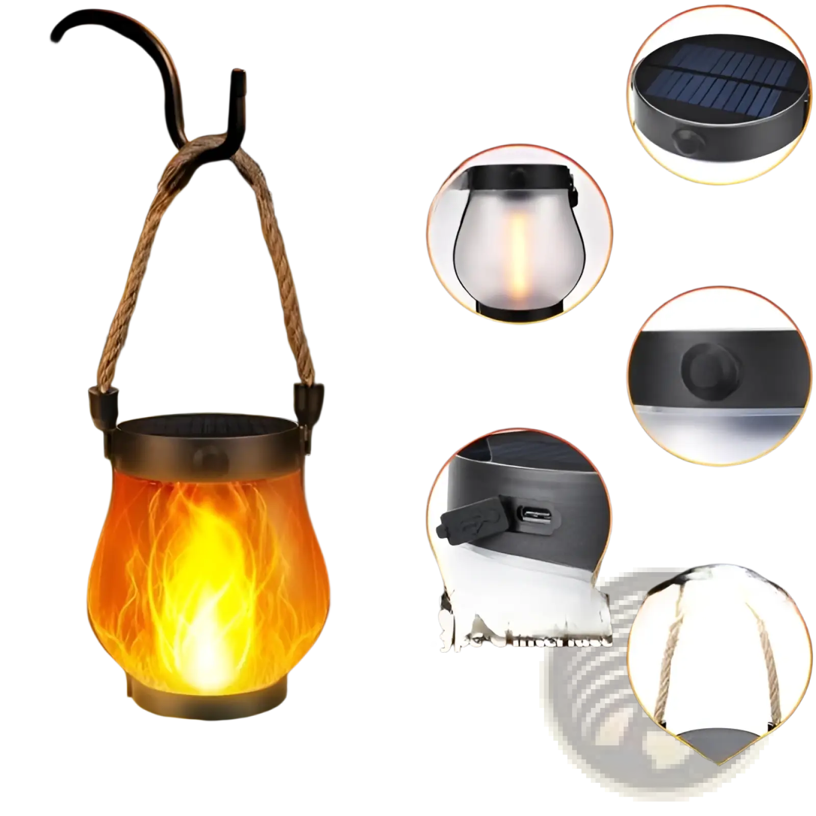A flickering flame garden lamp silver solar lantern with a black metal frame and rope handle featuring an orange flame effect